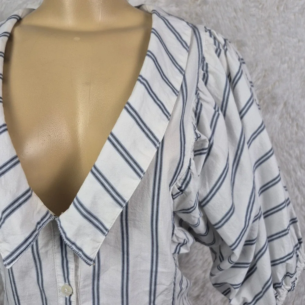 Free People Striped Puff Sleeve‎ V-Neck Tie Back Blouse White Blue Sz M Nautical
